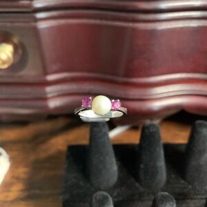 Pearl and Pink Gemstone Ring - White Pearl Accent